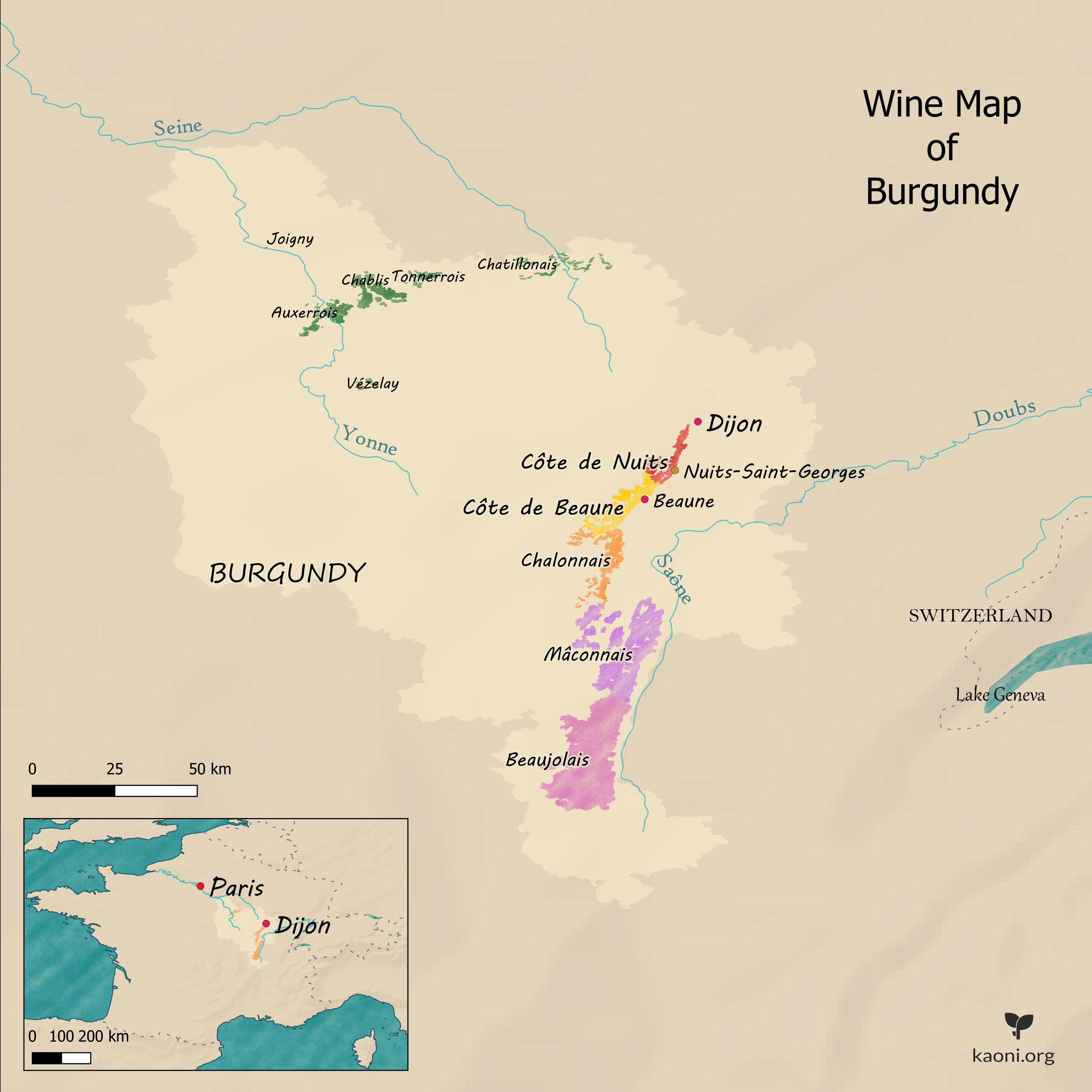 Map of Burgundy Wine. In the north, you'll find Chablis, famous for its mineral white
                    wines. Beaujolais, although administratively part of the
                    region Auvergne-Rhône-Alpes, is considered as part of Burgundy when it comes to wine. In this
                    article, we concentrate on the Côte de Nuits & Côte de Beaune.